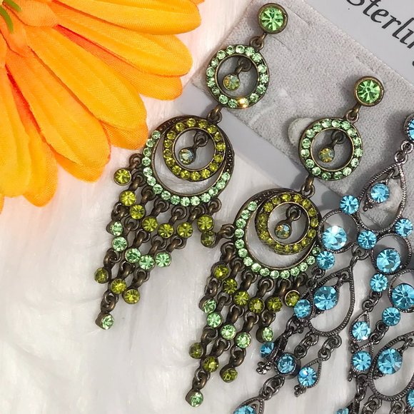Boho Earrings Rhinestone Long Dressy Post Drop Dangles Jeweled Green & Blue NWT - Picture 2 of 5